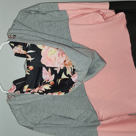 Pink Color Block Floral-Lined Four-Pocket Zip-Up Hoodie - Picture 4 of 5